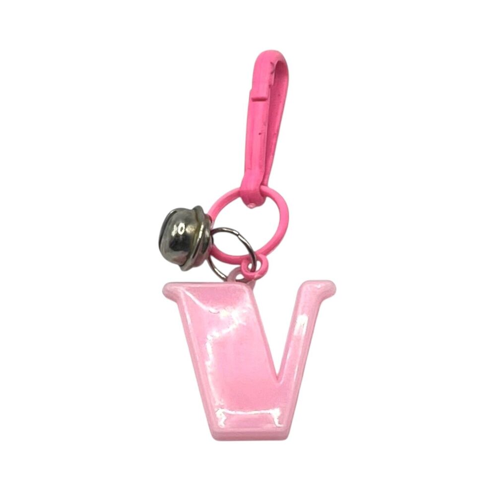 Vintage Bell Charm Letter V Pink Plastic Clip Alphabet Accessory Toy Jewelry 80s